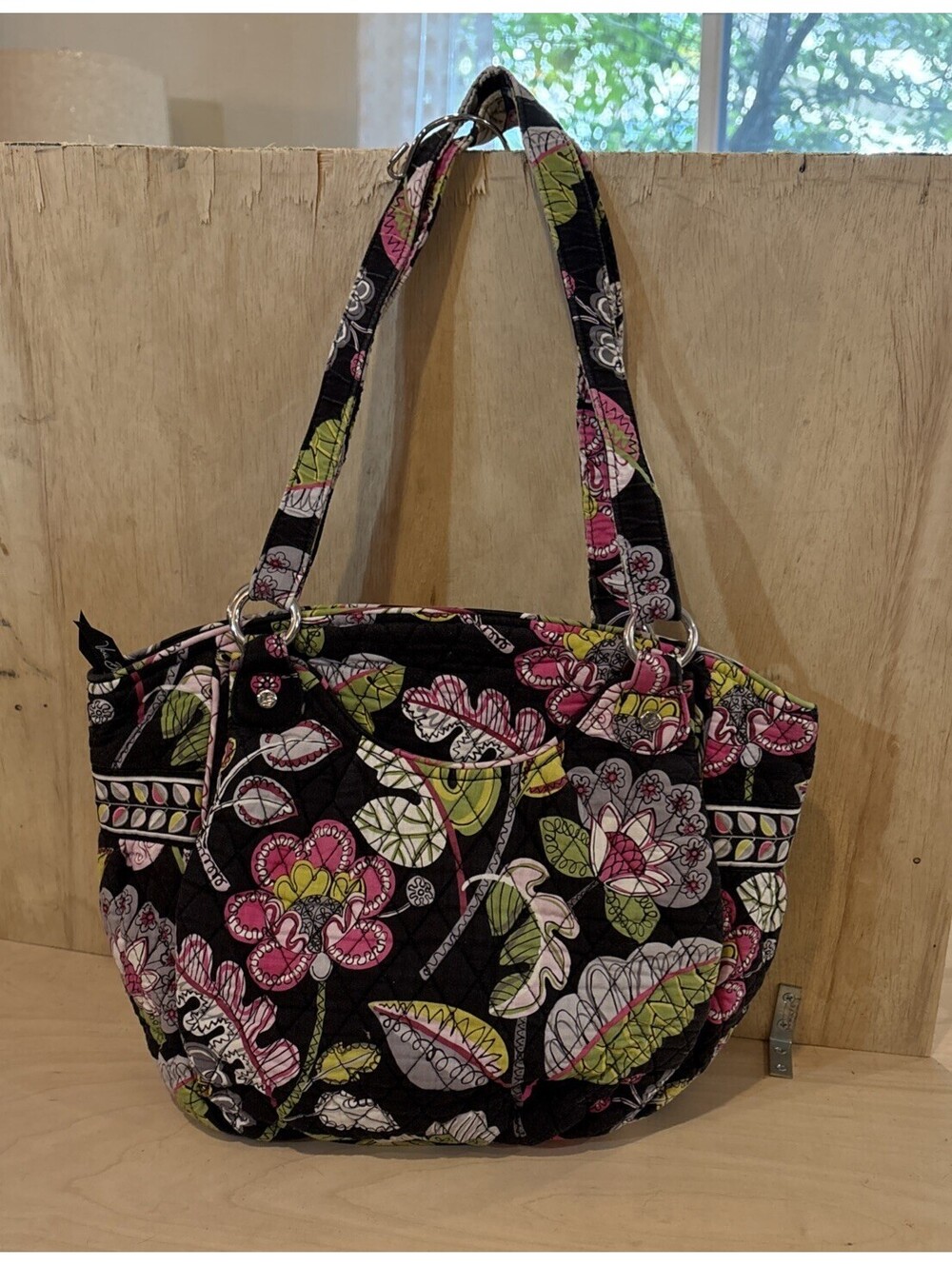 Vera Bradley Moon Blooms Pleated Shoulder Bag Black Quilted Floral Tote